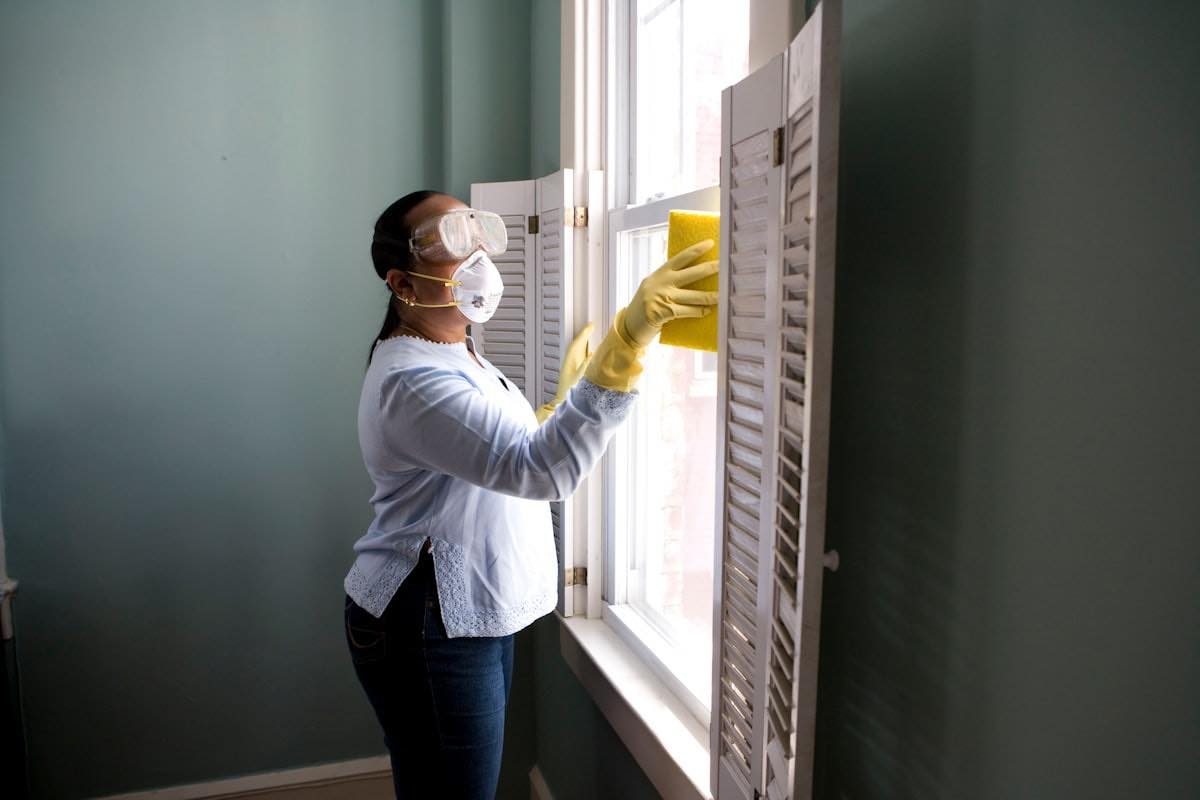 Someone cleaning the inside of a sash window in a home.