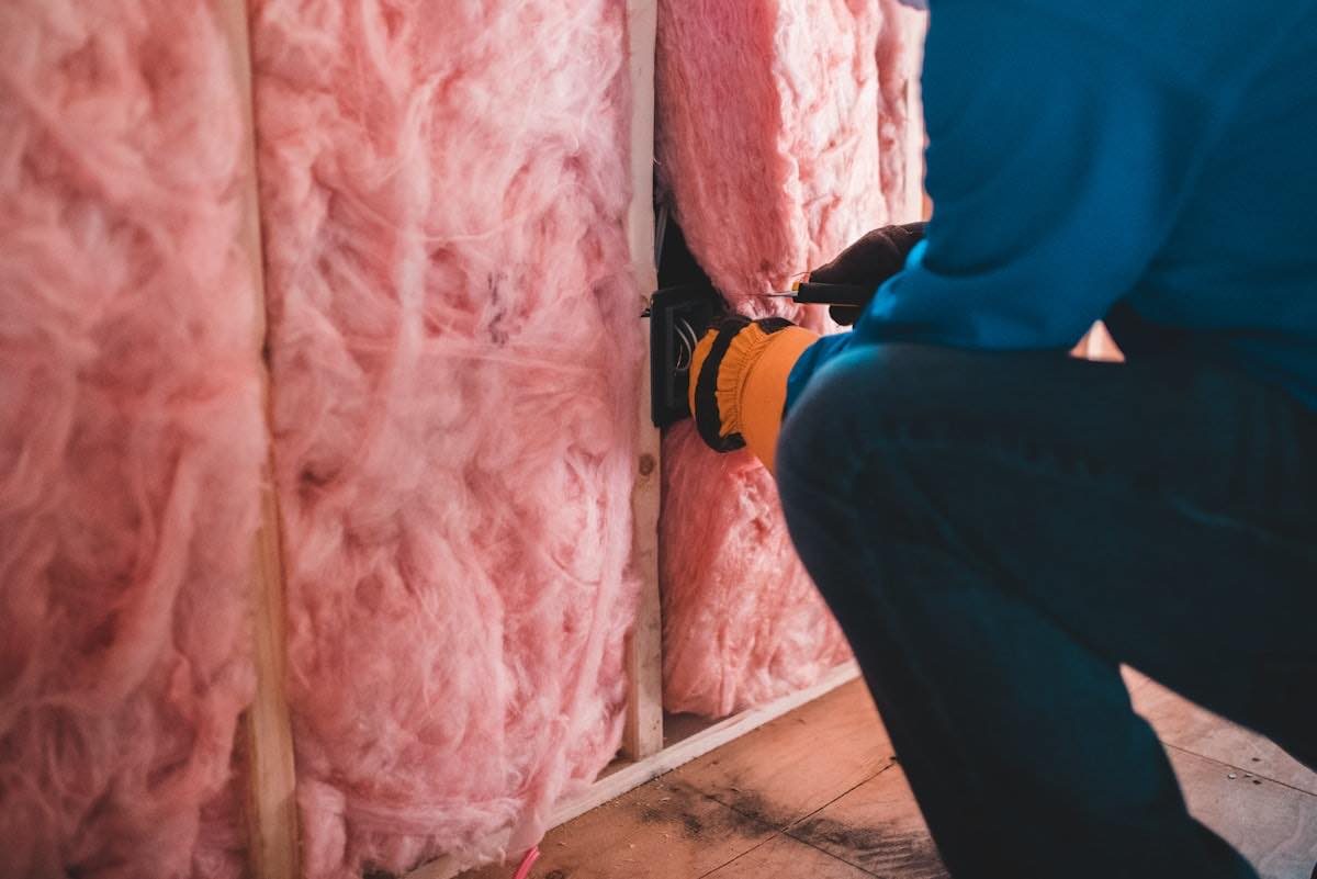 A tradesperson fitting wall insulation around an electrical outlet.
